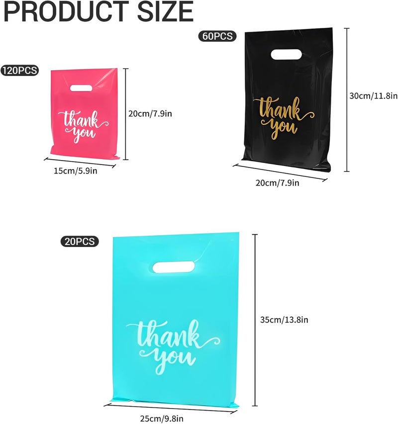 Heran 200PCS Thank You Bags for Small Business, 3 Sizes Plastic Retail Grocery Shopping Bags, Black Pink Turquoise Sale Boutique Gift Bag, Reusable Goodie Bag Bulk for Store Party Favor Purchase - Image 3